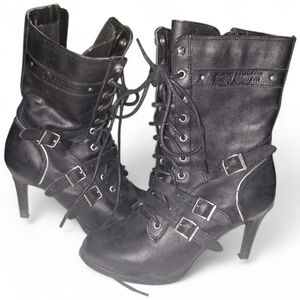 Black Lace-Up Heeled Boots